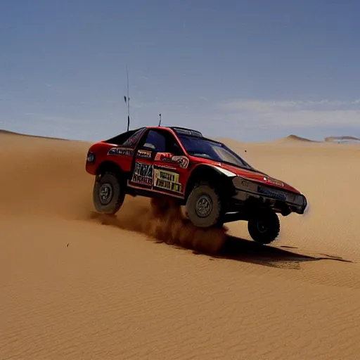 Image similar to grey Honda Civic 2001 jumping over dune desert in the 2003 Dakar rally. Many spectators watch large crowd. stock 2001 Honda civic with rusted panels old. Cannon Photo 45mm wide angle full view un cropped. 720p photo by Jesse Alexander.