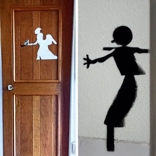 Prompt: creative restroom door signs in the style of banksy, slightly grainy