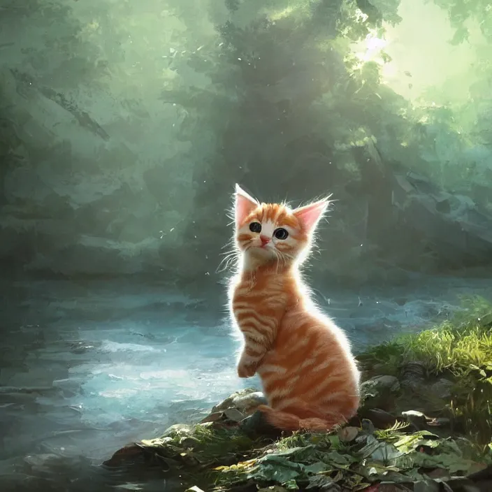 Image similar to a painting of a cute kitten at a river. character design by cory loftis, fenghua zhong, ryohei hase, ismail inceoglu and ruan jia. volumetric light, detailed, rendered in octane