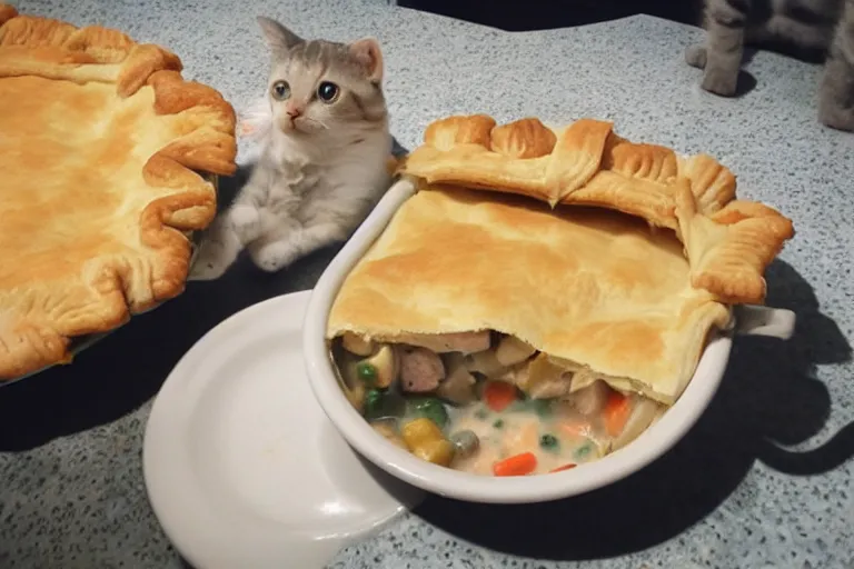 Image similar to a kitty eating a chicken pot pie, hyper realistic, photograph, cute