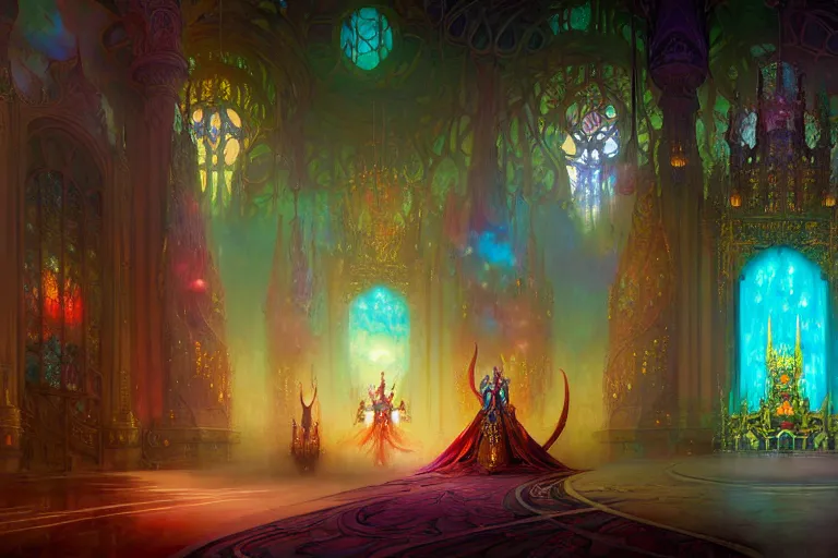 Prompt: the enchanted illuminated sleek and modern inner throne room of the massive fantasy castle, vivid intricate vibrant elaborate pastel inks, background landscape environment illustration, brad rigney willian murai ilya repin dragan bibin pete mohrbacher, raymond swanlandy stephan matiniere.