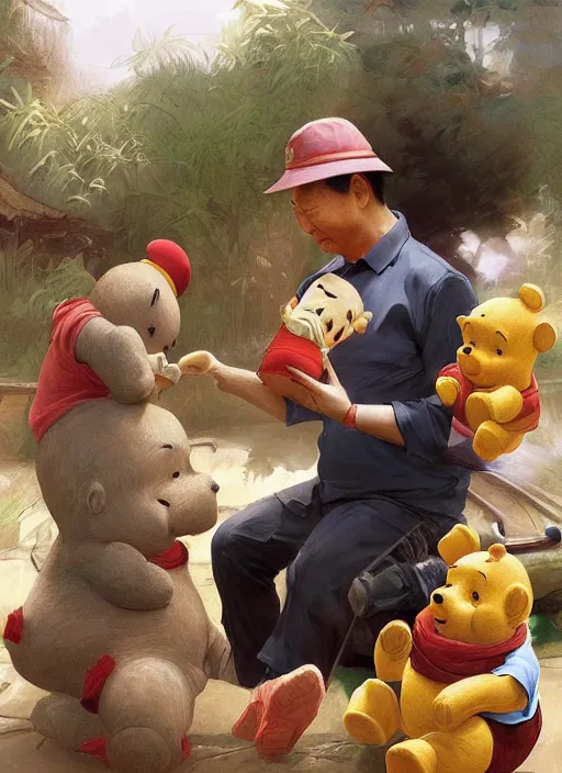 Image similar to portrait of Xi Jinping playing with Winnie the Pooh in a trashy Chinese dirt poor temple, beta weak male, digital painting, concept art, smooth, sharp focus, illustration, from Metal Gear, by Ruan Jia and Mandy Jurgens and William-Adolphe Bouguereau, Artgerm