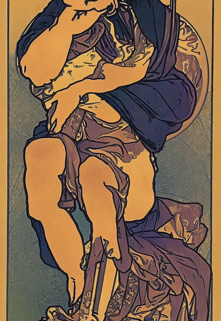 Image similar to Yann LeCun sitting on the throne on a tarot card, tarot in art style by Alphonse Mucha