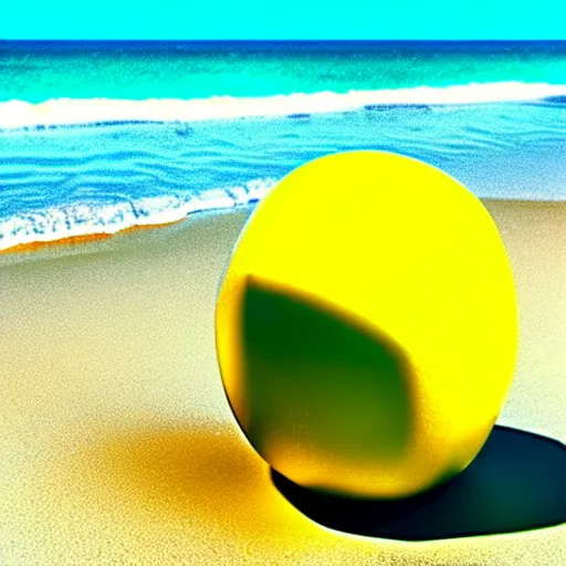 Image similar to anthromorphic robotic lemon relaxing in a beach, photorealistic 3 d octane render, unreal engine