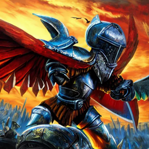 Image similar to a winged knight with epic edgy armor and weapons readying a blast of magic to destroy an entire town. 8K high resolution. Oil painting. High detail and beautiful colors.