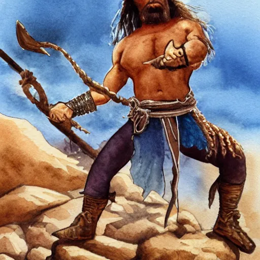 Image similar to randy savage with an anchor slung over his shoulder and foot heroically on a boulder posing in desolate wasteland | fantasy watercolour painting | middle earth | conan | darksun | d & d dungeons and dragons | barbarian