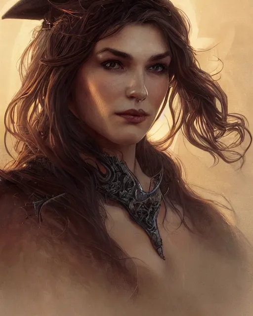 Image similar to close up portrait of a ruggedly handsome female witch, soft hair, half body, leather, d & d, fantasy, intricate, elegant, highly detailed, digital painting, artstation, concept art, smooth, sharp focus, illustration, art by artgerm and greg rutkowski and alphonse mucha