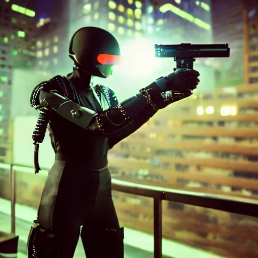 Image similar to cinestill 5 0 d candid photographic portrait of a techwear woman holding a gun on the rooftop of a futuristic city at night, closeup, modern cyberpunk moody emotional cinematic, clear skies, 8 k, hd, high resolution, 3 5 mm, f / 3 2, ultra realistic faces, ex machina