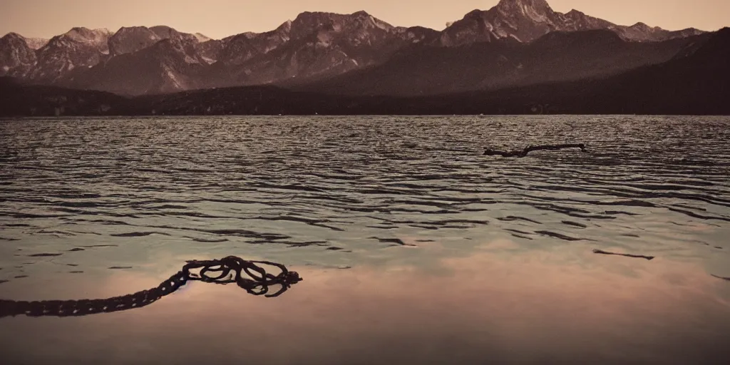 Prompt: rope floating in the water in the middle of a lake, a rocky foreground, mountains in th ebackground, sunset, a bundle of rope is in the center of the lake, eerie vibe, leica, 2 4 mm lens, 3 5 mm kodak film, directed by charlie kaufman, f / 2 2, anamorphic