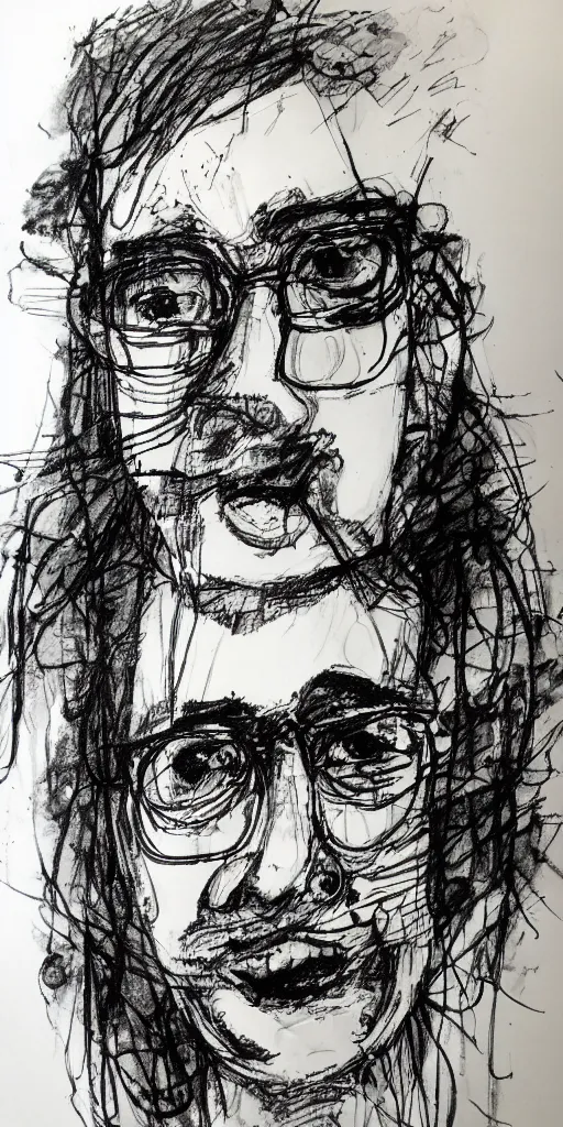 Image similar to a loose wild messy ink sketch portrait of a self portrait in the style of ralph steadman, caricature, dramatic