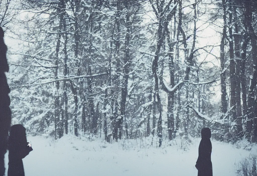 Prompt: lomo photo of a female silhouette standing in front of a snowy cabin, cinestill, bokeh, out of focus, day, dramatic lighting