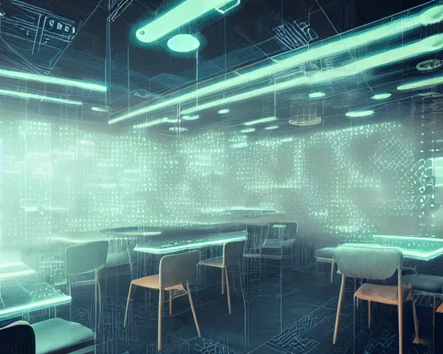 Prompt: futuristic cafe interior, binary code pattern, matrix, ismail inceoglu