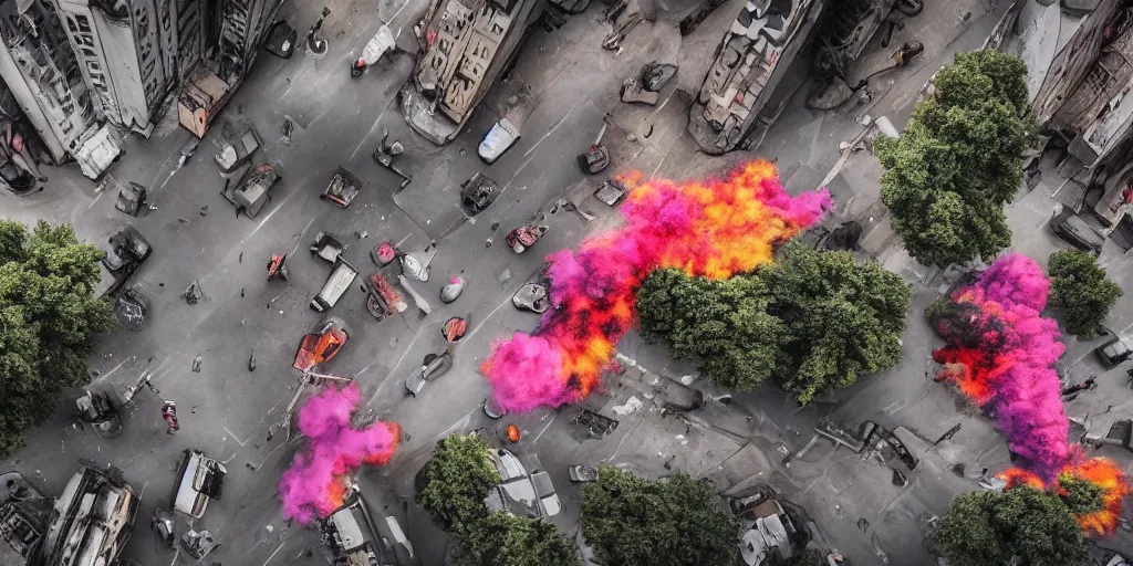 Image similar to post - apocalyptic kreuzberg streets covered in colorful smoke, burned cars, explosions, hyperrealistic, gritty, damaged, drone photography, photorealistic, high details