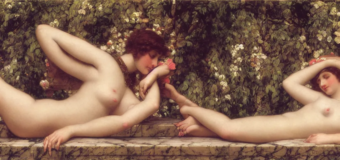 Prompt: extreme emphasis on 3 dimensional form, woman lying on stone. by herbert james draper, sir lawrence alma - tadema, john william godward. oil painting on wood. 1 9 0 0