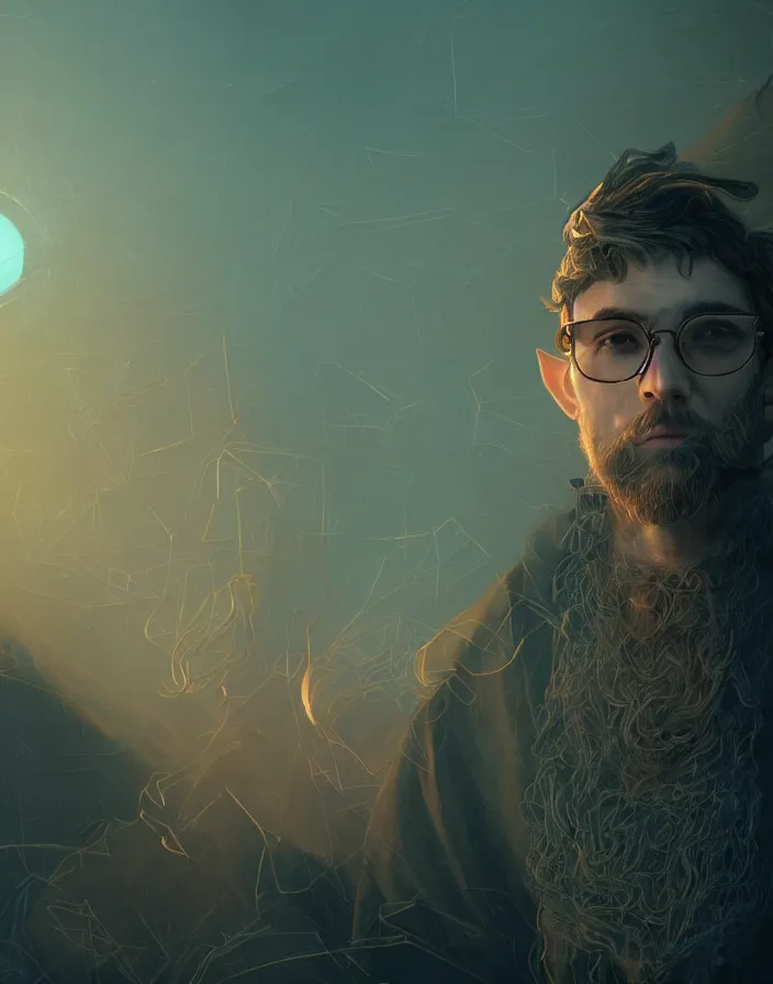 Image similar to portrait of a handsome male elf mage with a beard wearing jean paul gaultier eyewear, magic hour, fog, intricate artwork by Tooth Wu and wlop and beeple and dan mumford. octane render, trending on artstation, greg rutkowski very coherent symmetrical artwork. cinematic, hyper realism, high detail, octane render, 8k, depth of field, bokeh