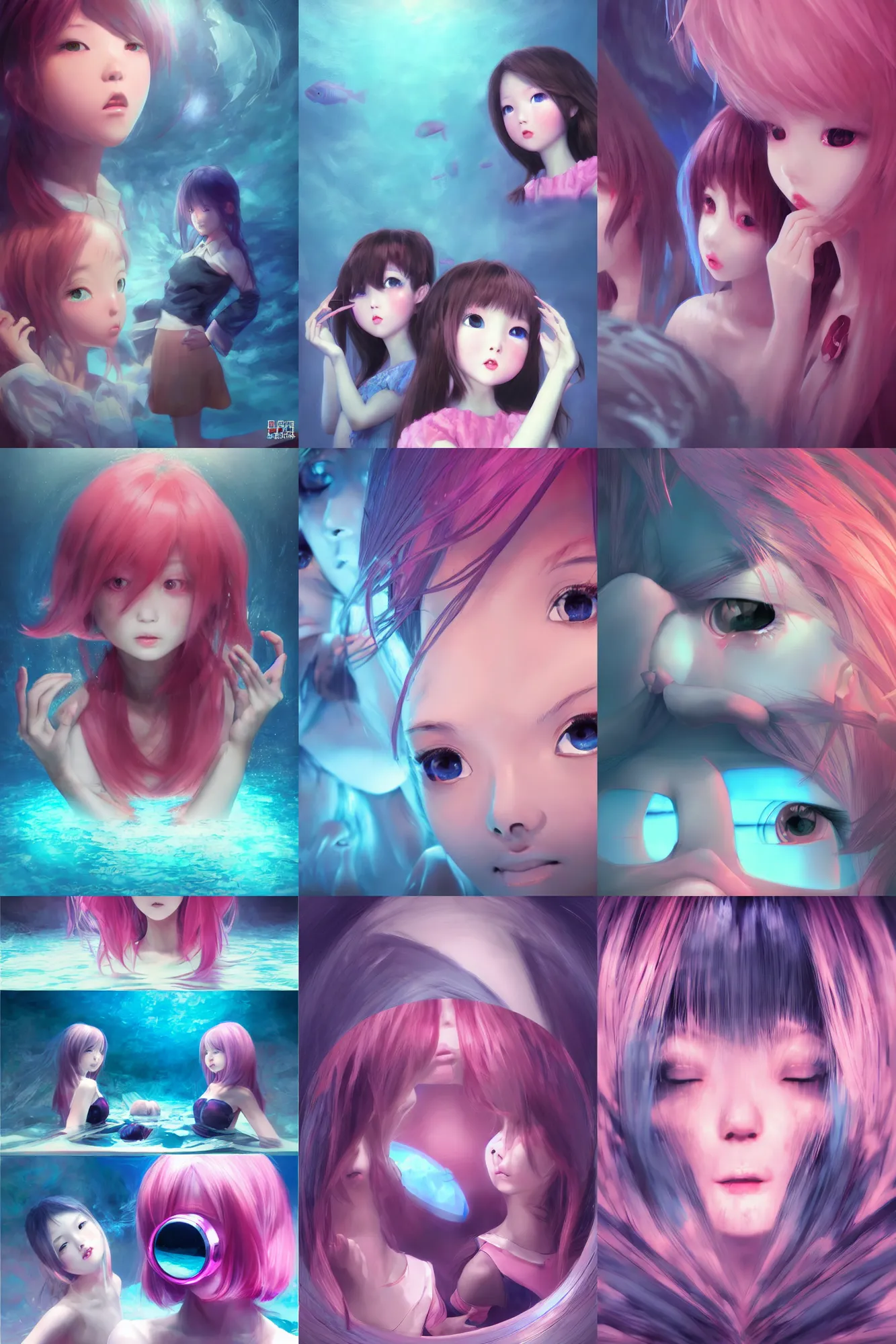 Prompt: 3d dark infrared octane render fisheye lens concept art by D. Jun, by Mo Xiang Tong Xiu, by Igarashi Daisuke, beauty portrait anime schoolgirls under dark pink and blue water. cute face. complex mirror room. dramatic light, trending on artstation.