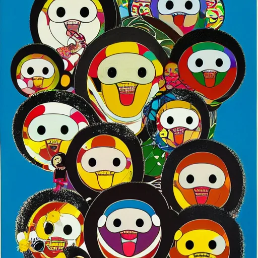 Image similar to a poster design of a miserable black family by takashi murakami,