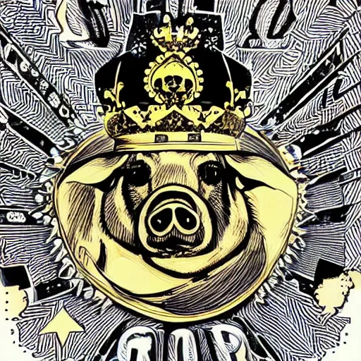 Image similar to pig wearing a gold crown on it's head Shepard Fairey, zoomed out, detailed, technical drawing, sketch, inked, 8k