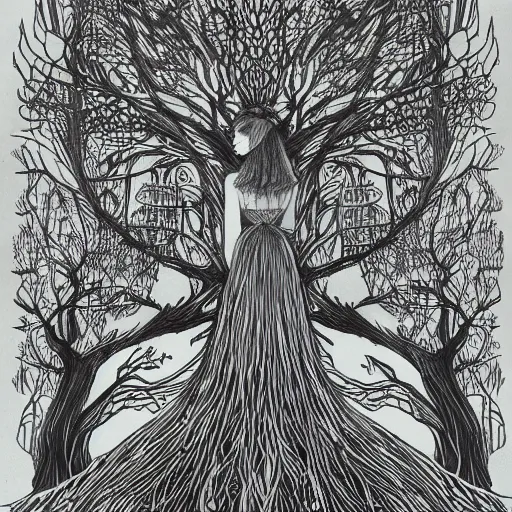 Prompt: goddess of the forest, ink drawing, black ink illustration, by a very talented artist, award winning, intricate detail, stunning, gorgeous mysterious, poetic, nostalgic