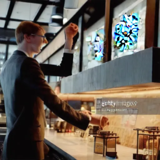 Image similar to slenderman working at starbucks, stock photo, cheerful lighting