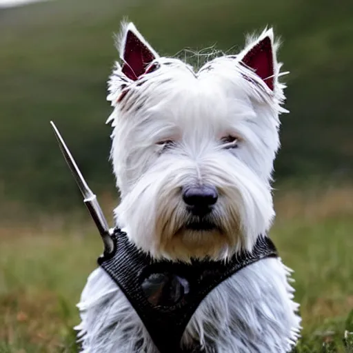 Image similar to “ west highland terrier clad in iron armor with spikes, with a gun glued to his head. ”