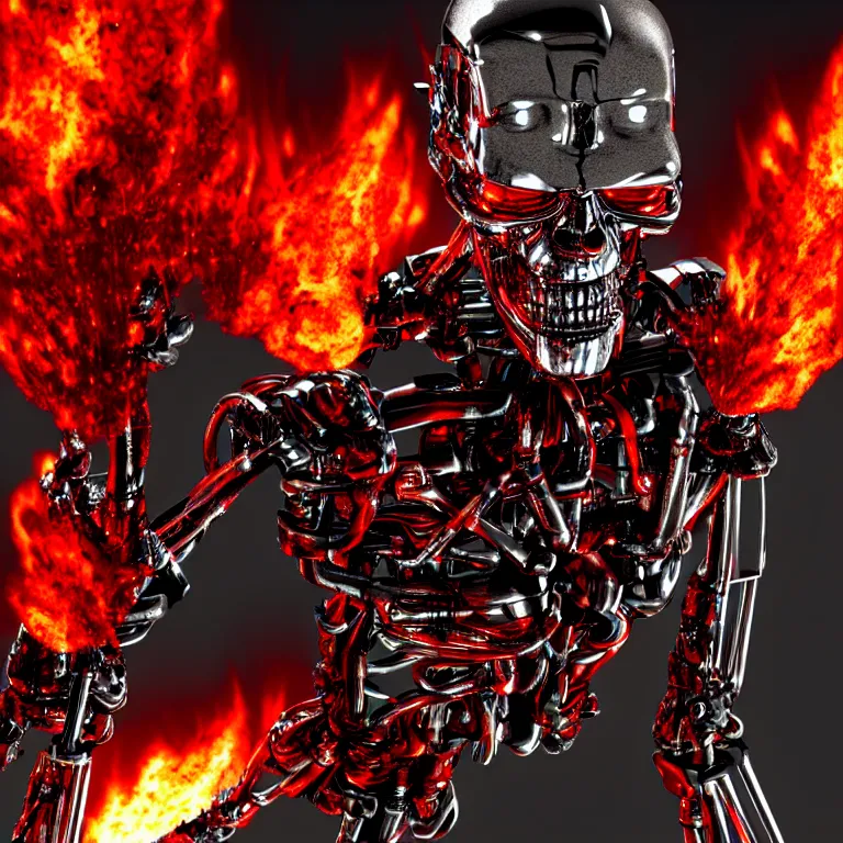 Prompt: terminator endoskeleton with red glowing eyes and fire behind it, movie still, chrome, shiny, reflective, metallic, 3 d render, realistic, hdr, stan winston studios, dramatic lighting, flame colors bright, ultra realistic