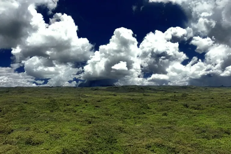 Image similar to clouds shaped like skulls, lush landscape