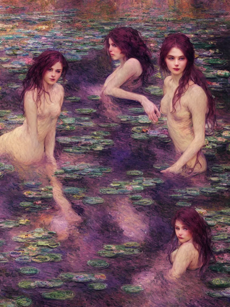 Image similar to illustration studio portrait of three dark beautiful mermaids female energy in artistic poses in the river at the forest, monet painterly motives and textures pattern, hyper detailed, octane render, vivid colors, artstation, by jeremy mann, by alphonse mucha, by monet