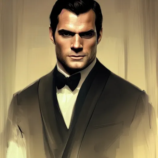 Image similar to henry cavill as james bond, portrait, highly detailed, digital painting, artstation, concept art, sharp focus, illustration, art by artgerm and greg rutkowski and alphonse mucha