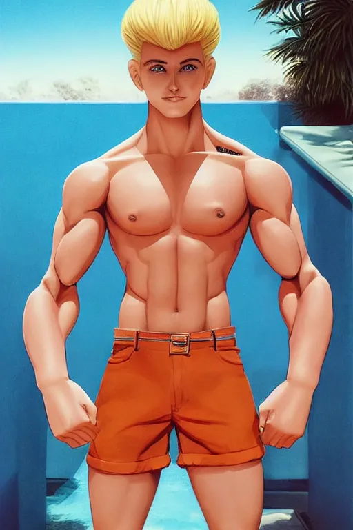 Prompt: a handsome man with blonde hair, ken doll, male android, muscular, wearing a cut-off white top and short light orange shorts, stands by a swimming pool, facing forward, in the style of artgerm and moebius and annie liebovitz, photorealistic, highly detailed, trending on artstation