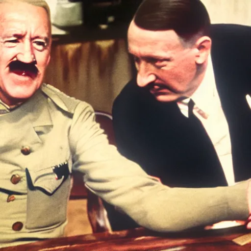 Prompt: UHD candid color photo of Hitler and Joe Biden scissoring, accurate faces, UHD, photorealistic, correct face, photo by Annie Leibowitz