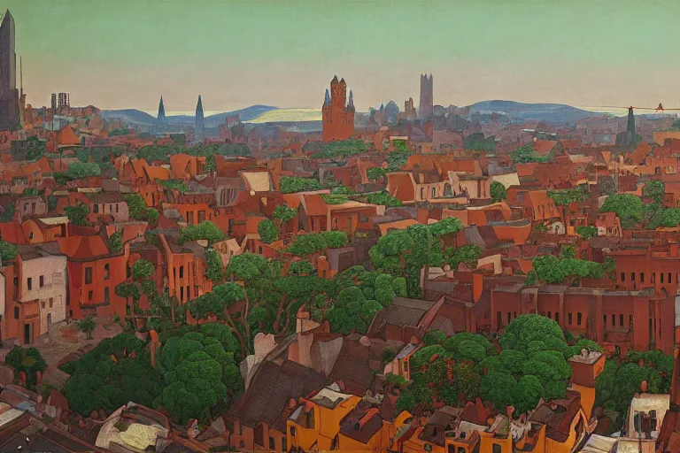 Prompt: view of the old city and its tree-lined winding streets after a storm, tall windows lit up, beautiful ornamental architecture, dramatic cinematic lighting, rich colors, by Nicholas Roerich and and Caspar David Friedrich and ford madox brown and April Gornik and ((Diego Rivera)), featured on artstation