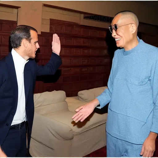 Prompt: the dalai lama giving hunter biden a high five