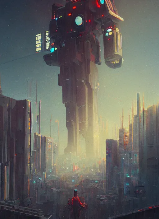 Image similar to a painting of a giant robot standing in front of a city, cyberpunk art by mike winkelmann, behance contest winner, nuclear art, dystopian art, apocalypse art, sci - fi