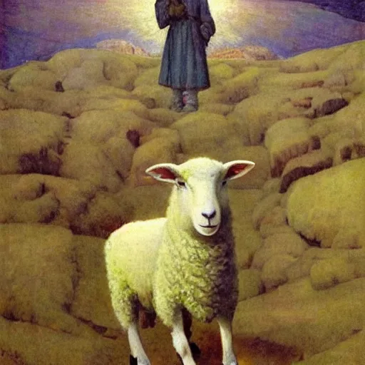 Prompt: A sheep with red whool an pointy vampire teeth by Annie Swynnerton and Nicholas Roerich and jean delville, strong dramatic cinematic lighting, smooth, sharp focus, extremely detailed