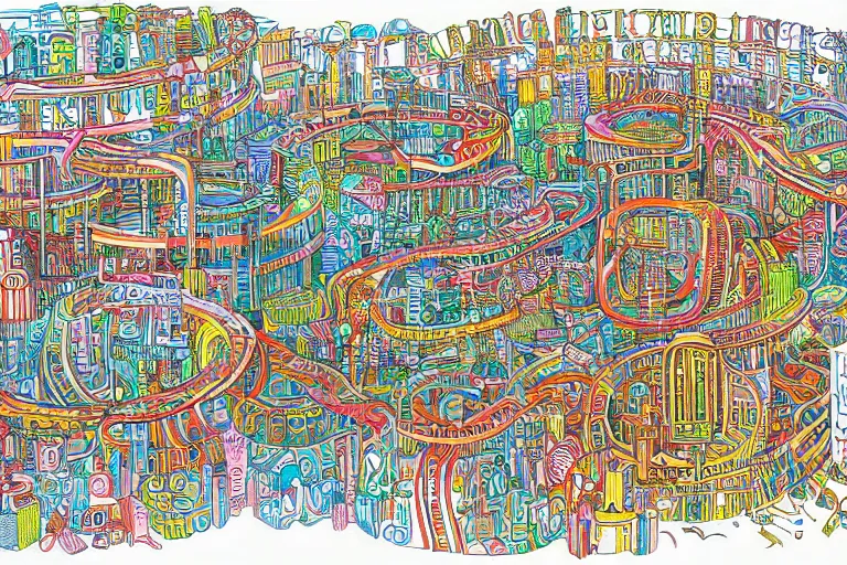 Prompt: an elaborate penned child illustration of a colorful intricate connected city of tubes and pipes, by martin handford and by jan van haasteren