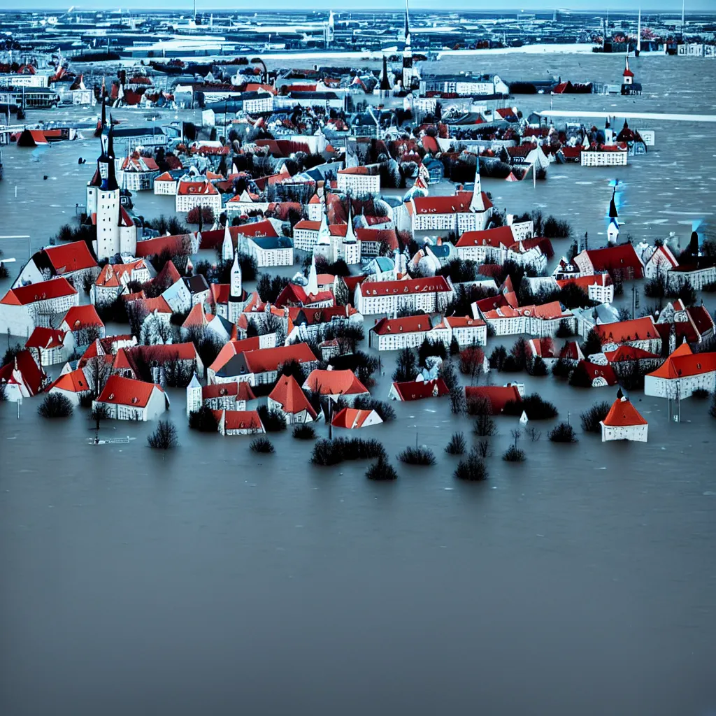 Prompt: Tallinn being flooded with sea water in 2100. Landscape photography, hyper detailed, 8k.