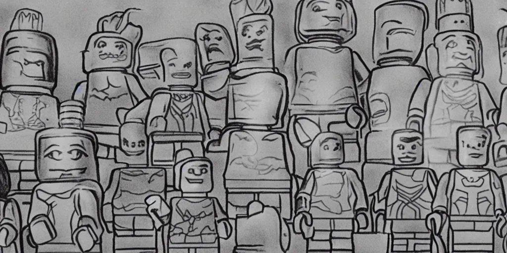 Image similar to charcoal drawing of lego minifigures as easter island heads