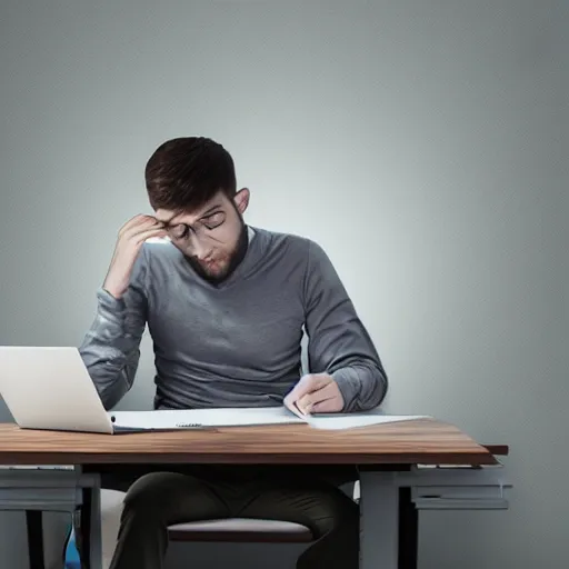 Image similar to a young man looking at an envelope, unhappy, desk lamp, modern room, side shot angle, stunningly detailed digital art, masterpiece