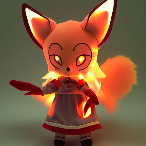 Image similar to cute fumo plush of a foxgirl that wields the power of necromancy, necromancer in dark hood, glowing, vray