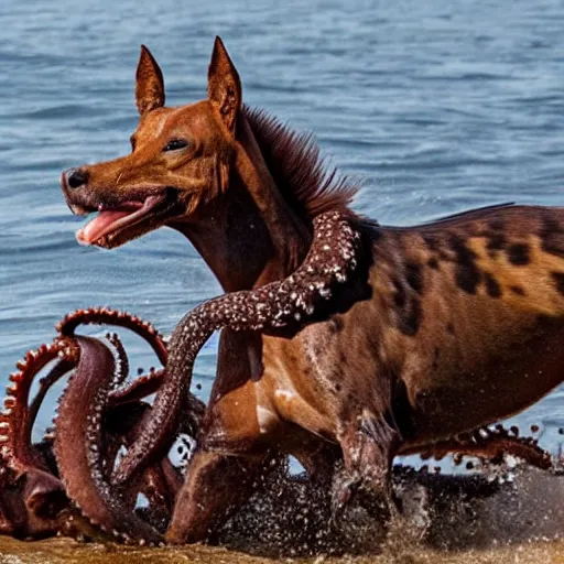 Image similar to National Geographic photo of horse full of octopus being eaten by African hunting dogs