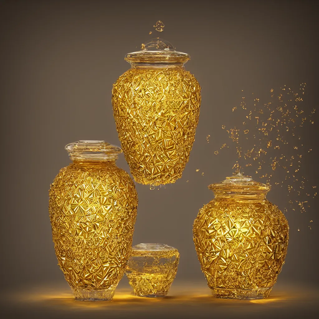 Image similar to elaborate geometric stepped honey jar, golden glistening, light bloom, octane render, product photography, studio photography, sharp high contrast
