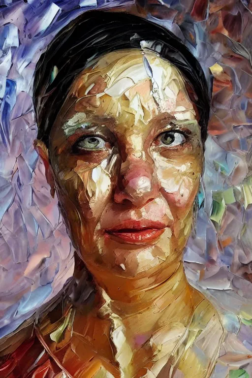 Image similar to palette knife oil painting portrait dr krystal knight, woman, late 4 0 s, eyes filled with icy hate, extreme detail, artstation trending, ice, cold, freezing, artgerm, any racial background, deviant art, octane, substance, art history 8 k
