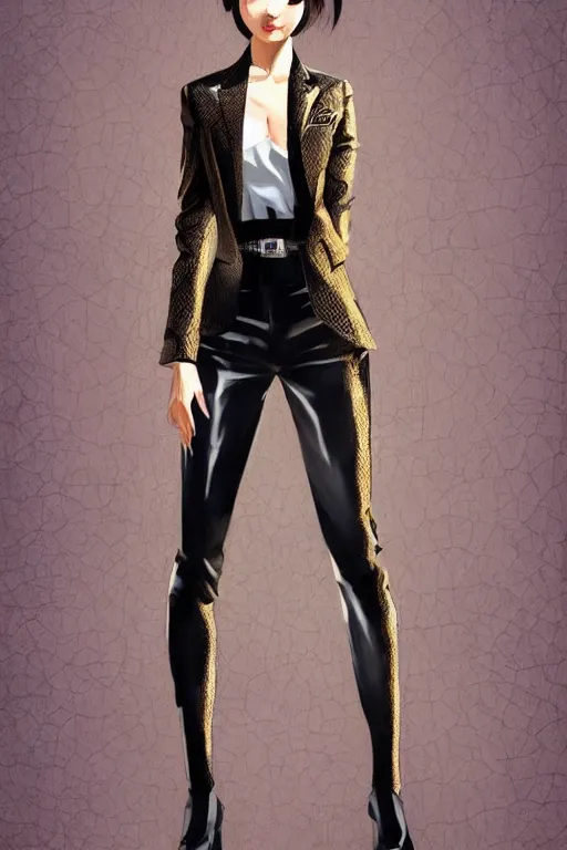 Image similar to yakuza slim girl, gold suit jacket in snake print, jacket over bare torso, yakuza tattoo on body, black short curtain haircut, black leather pants with black belt, portrait, elegant, 2d, ultra highly detailed, digital painting, smooth, sharp focus, artstation, art by Ilya Kuvshinov, rossdraws