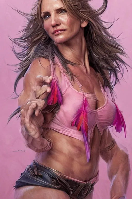 Image similar to muscled Cameron Diaz as a ruggedly handsome hero wearing pink feathers, intricate, elegant, tasteful, highly detailed, centered, digital painting, artstation, concept art, smooth, sharp focus, illustration, art by artgerm and donato giancola and Joseph Christian Leyendecker, WLOP