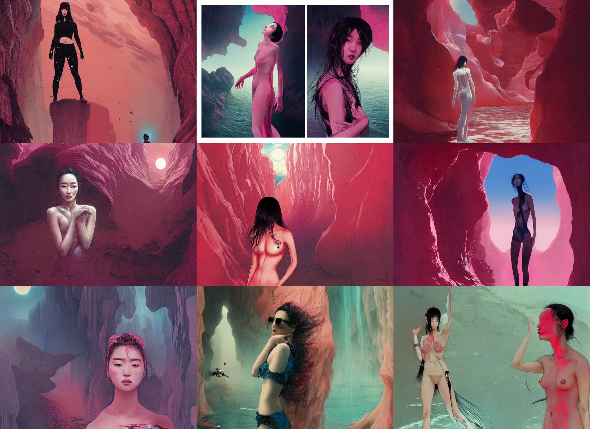 Prompt: lee jin - eun emerging from pink water in cyberpunk theme during an eclipse by the edge of antelope canyon by conrad roset, nicola samuri, dino valls, m. w. kaluta, rule of thirds, seductive look, beautiful