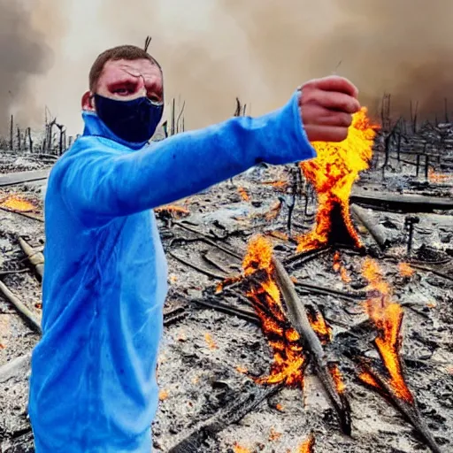 Image similar to , funny and frightened ukrainian burned to bones bleeding in dirty yellow and blue rags on the background of a huge nuclear explosion selfie 2 0 2 2