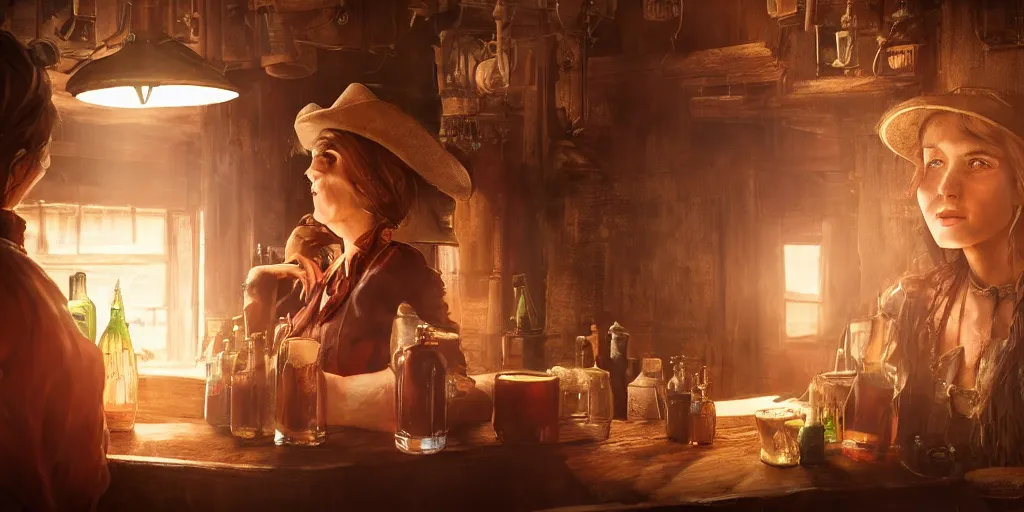 Prompt: an environmental concept art of a female cowboy, getting a drink in the saloon, highly detailed, cinematic, dramatic lighting, close shot by francis tneh