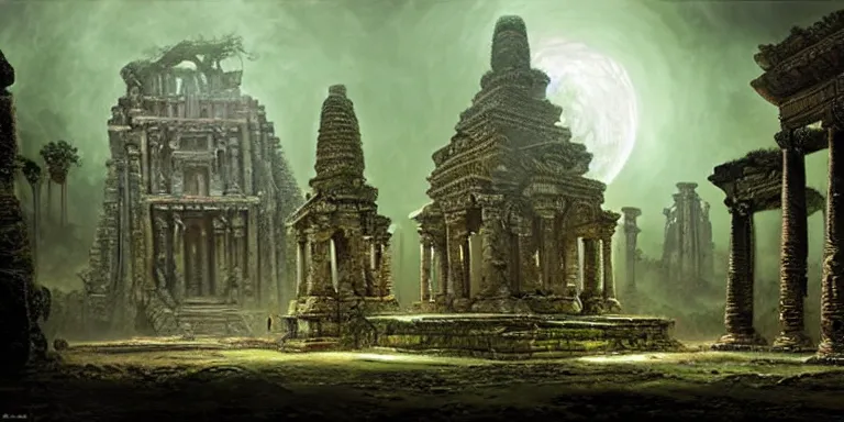 Image similar to beautiful hyperrealistic spectacular painting of the mysterious intricate ruins of the mysterious ancient temple, an advanced alien technology timemachine with a green glowing crystal from the future is inside the temple, by hubert robert and lee madwick and bastien lecouffe deharme, dramatic moonlight lighting, advanced technology