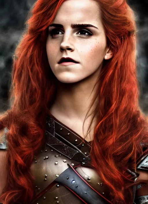 Prompt: photography emma watson as red sonja, beautiful face cinematic